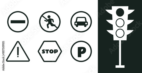 Road signs and traffic light isolated flat set design element