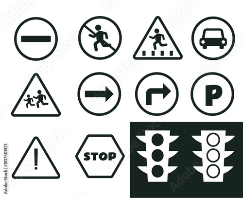 Road signs and traffic light isolated flat set design element