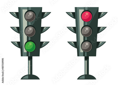 Road junction with road signs and traffic light design element
