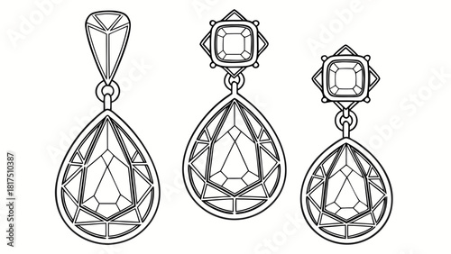 “Vector jewellery design focusing on large gemstones, faceted stone effects in flat vector style, clean outlines, elegant metal frame, smooth curves, symmetrical arrangement.”