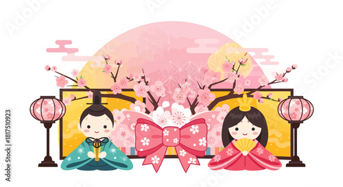 Japanese Hinamatsuri dolls with cherry blossoms and lanterns for girl's day.