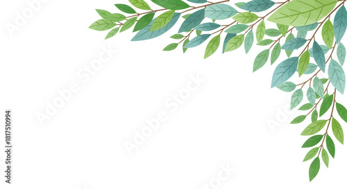 Watercolor illustration of branches with green and blue leaves forming a corner border.