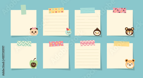Collection of cute sticky notes with animal faces and patterned tape on blue.