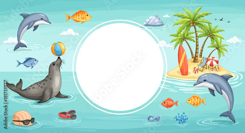 Cartoon illustration of tropical island scene with seal, dolphins, and fish.