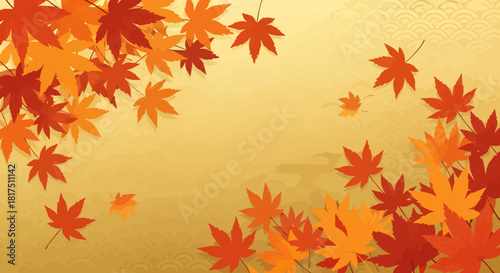 Autumnal background with red and orange maple leaves against a golden wave pattern.
