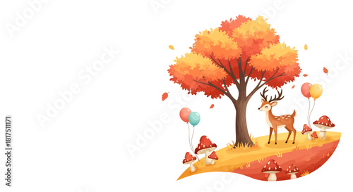 Whimsical autumn scene with deer, mushrooms, balloons, and colorful tree illustration.
