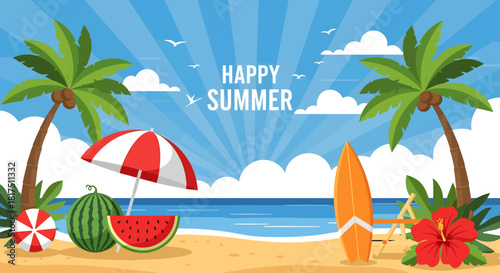 Cartoon beach scene with palm trees, watermelon, umbrella, and surfboard.