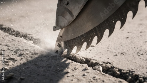 Close-up of a concrete saw cutting a trench in the ground.
