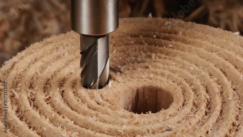 Close-up of a drill bit carving a circular pattern into a wooden surface.