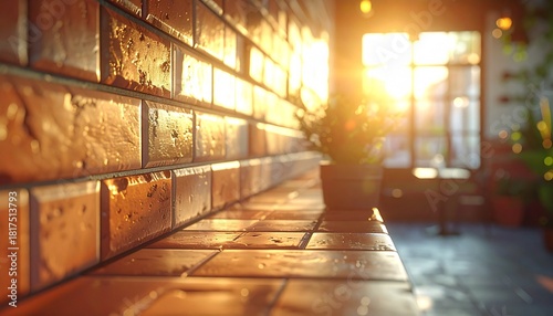 暖かみのあるブリックタイルに、朝の柔らかな光が差し込む心地よいカフェ系背景素材です。
優しい陰影がタイルの質感を際立て、コーヒーやペストリーのビジュアルに最適です。