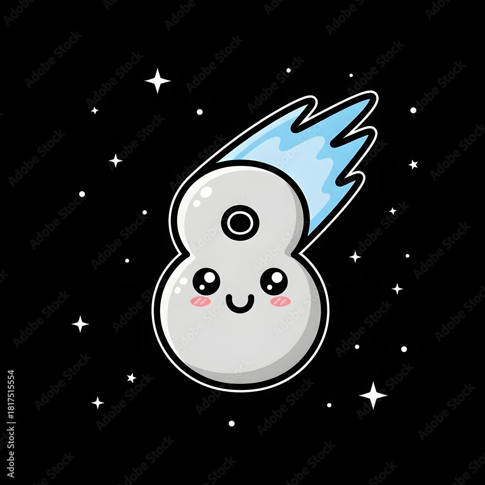 Naklejka premium A cute kawaii number eight character depicted as a shooting star in outer space.