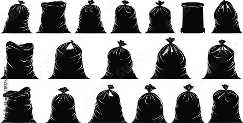 Black garbage bag silhouette collection, realistic trash bag icons set, waste disposal illustration, plastic rubbish bags graphics for cleaning and recycling