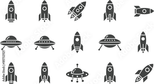 Set of rockets and UFO icons in modern silhouette style, featuring space exploration symbols, spacecraft designs, alien saucers and futuristic flight elements
