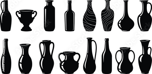 Collection of elegant vase and bottle silhouettes featuring decorative pottery shapes, ceramic containers, classic vessels and artistic home decor elements