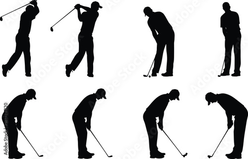 Collection of golfer silhouettes in various swing and putting poses, perfect for sports design, athletic illustrations, golf training graphics and outdoor activity themes
