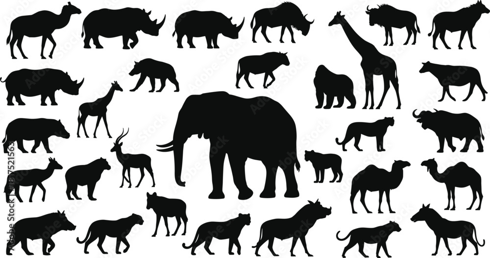 Fototapeta premium Collection of African wildlife animal silhouettes including elephant, giraffe, rhino, camel, big cats and antelope, perfect for nature and safari designs
