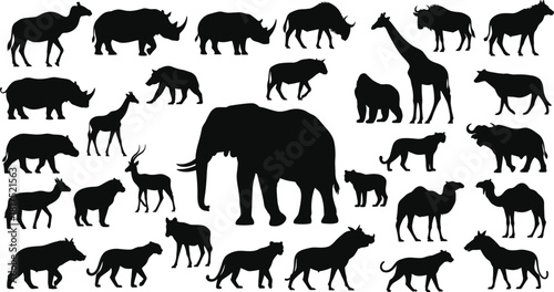 Collection of African wildlife animal silhouettes including elephant, giraffe, rhino, camel, big cats and antelope, perfect for nature and safari designs