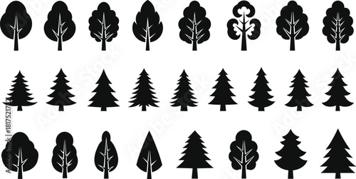 Collection of diverse tree silhouettes in simple graphic style, including pine, deciduous and abstract shapes for nature design, forest illustration elements