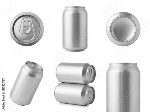 Silver aluminum beverage cans in various arrangements on a white background