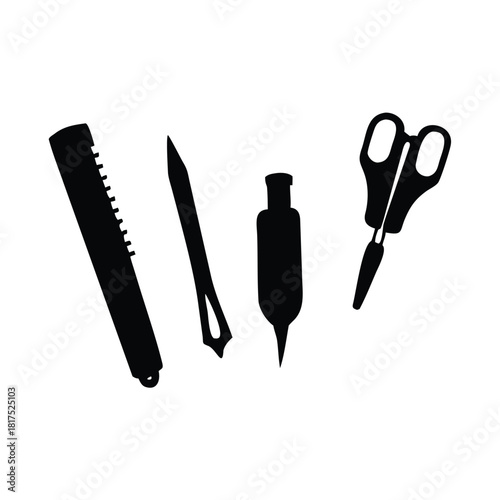 Silhouette of sewing tools including comb, needle, awl, and scissors arranged on a white background