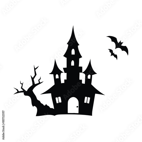 A spooky halloween silhouette featuring a haunted house with bats and a dead tree on a white background