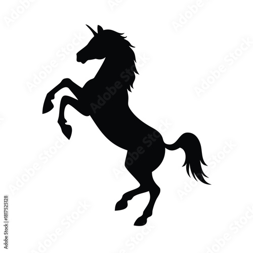 A striking silhouette of a rearing unicorn against a plain white background creating a magical imagery effect