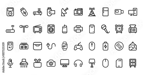 40 set of outline web device and appliance icons such as usb drive, camera, modem, printer, gamepad, game control, microphone vector thin icons for report, presentation, diagram, web design, mobile