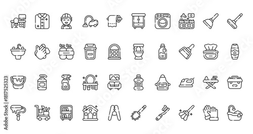 40 set of outline web housekeeping collection. icons such as shirt, wardrobe, sink, washroom, bucket, mouthwash, paint roller vector thin icons for report, presentation, diagram, web design, mobile