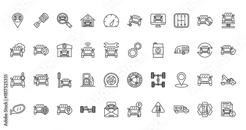 40 set of outline web car services icons such as piston, car jack, mechanic, service, temperature, clutch disc, side mirror vector thin icons for report, presentation, diagram, web design, mobile