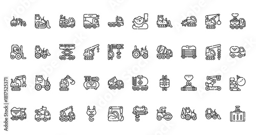 40 set of outline web construction vehicles icons such as bulldozer, excavator, forklift, tractor, grab, tanker truck, dump truck vector thin icons for report, presentation, diagram, web design,