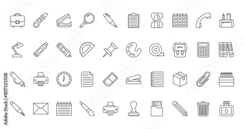 40 set of outline web stationery icons such as cutter, clipbboard, table lamp, color palette, corrector, stapler, fountain pen vector thin icons for report, presentation, diagram, web design, mobile