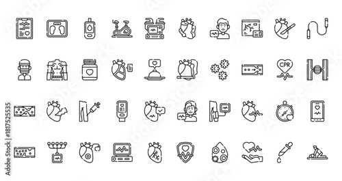 40 set of outline web cardiology icons such as body weight, fat, doctor, smoking, artherosclerosis, woman, thrombosis vector thin icons for report, presentation, diagram, web design, mobile app
