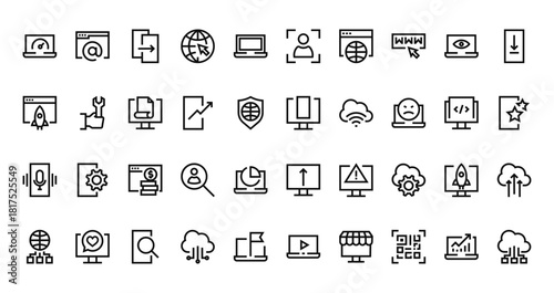 40 set of outline web web and seo icons such as at, face scan, startup, devices, microphone, upload, network vector thin icons for report, presentation, diagram, web design, mobile app