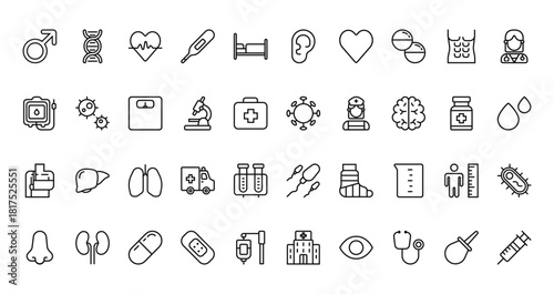 40 set of outline web hospital icons such as dna, ear, blood donor, covid, injury, sperm, e vector thin icons for report, presentation, diagram, web design, mobile app