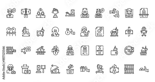 40 set of outline web corruption icons such as property, corruptor, arrest, complaint, bribe, legal, silent money vector thin icons for report, presentation, diagram, web design, mobile app