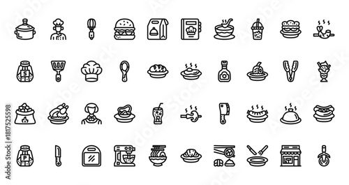 40 set of outline web restaurant icons such as chef, cookbook, salt, fried egg, coal, mushroom, pepper vector thin icons for report, presentation, diagram, web design, mobile app