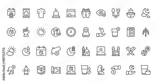 40 set of outline web ramadan icons such as prayer mat, pray, decoration, girl, day, mosque, no music vector thin icons for report, presentation, diagram, web design, mobile app