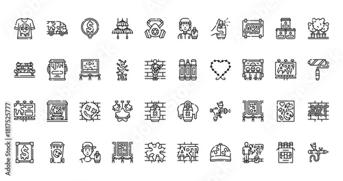 40 set of outline web urban art icons such as truck, graffiti artist, bench, markers, advertising, paint spray, graffiti vector thin icons for report, presentation, diagram, web design, mobile app