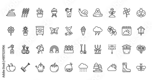 40 set of outline web spring icons such as skewer, snail, flower, ice cream, honey, gardening tools,   vector thin icons for report, presentation, diagram, web design, mobile app