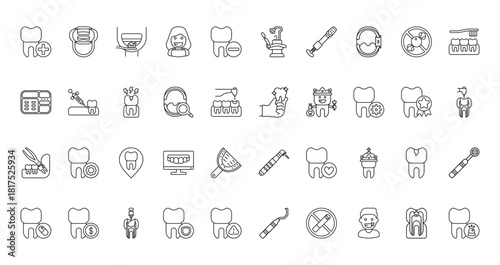 40 set of outline web dentist icons such as retractor, dental chair, dentist, hand, extraction, laser, pill vector thin icons for report, presentation, diagram, web design, mobile app