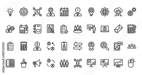 40 set of outline web corporate icons such as leader, working hours, management, teamwork, checklist, data, telephone vector thin icons for report, presentation, diagram, web design, mobile app