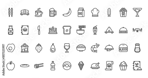 40 set of outline web food and restaurant icons such as sushi, milk, milk bottle, noodles, fried egg, rice bowl,   vector thin icons for report, presentation, diagram, web design, mobile app