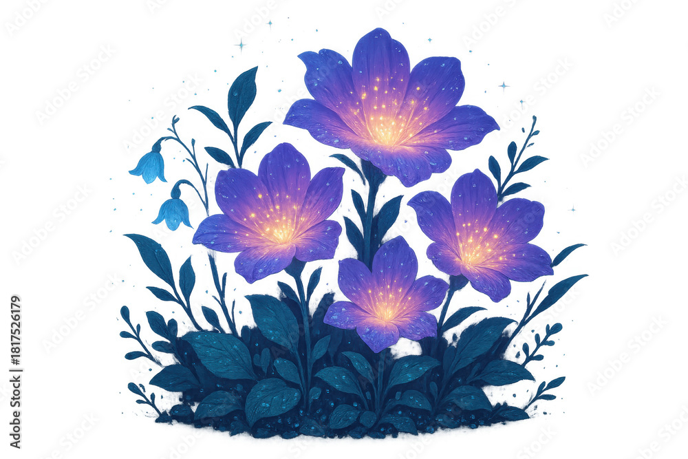 Obraz premium Bioluminescent fantasy flowers glowing with magic light, creating an otherworldly enchanted garden scene on transparent background