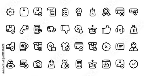 40 set of outline web ecommerce icons such as box, reward, box, low price, shoes, credit card, backpack vector thin icons for report, presentation, diagram, web design, mobile app