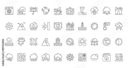 40 set of outline web weather icons such as windy, online, typhoon, building on fire, rainy, snow blower, windy vector thin icons for report, presentation, diagram, web design, mobile app