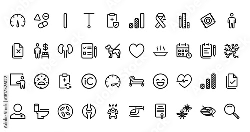 40 set of outline web health icons such as drug, bars, paper, heart, training, hospital, health vector thin icons for report, presentation, diagram, web design, mobile app