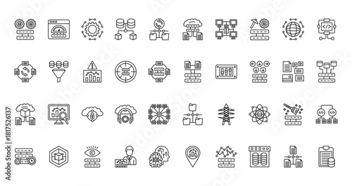 40 set of outline web big data icons such as velocity, cloud storage, data exchange, load balaning, predictive modeling, sources, availability vector thin icons for report, presentation, diagram,