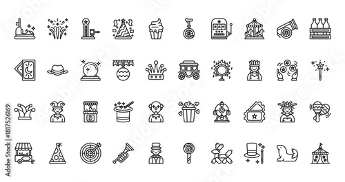 40 set of outline web carnival icons such as firecracker, unicycle, tarot card, carriage, joker hat, popcorn, food cart vector thin icons for report, presentation, diagram, web design, mobile app
