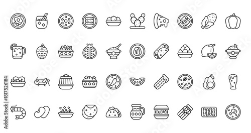40 set of outline web mexican food icons such as horchata, prickly pear, michelada, grilled cactus, salad, watermelon, shrimp vector thin icons for report, presentation, diagram, web design, mobile