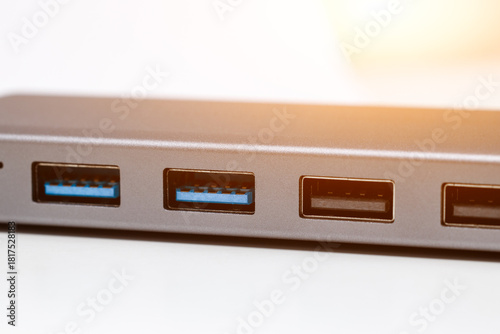 USB hub, docking station for USB 2.0, 3.0, USB ports close-up